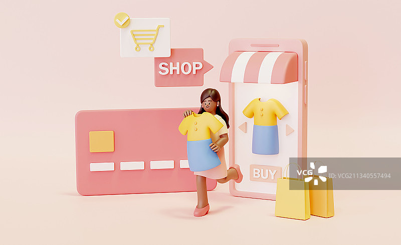 柔美粉色卡通女性人物服装电商购物三维图图片素材