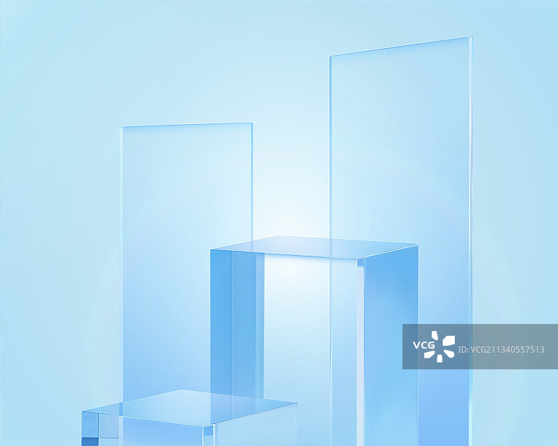 三维透明玻璃展台 淡蓝色背景图片素材