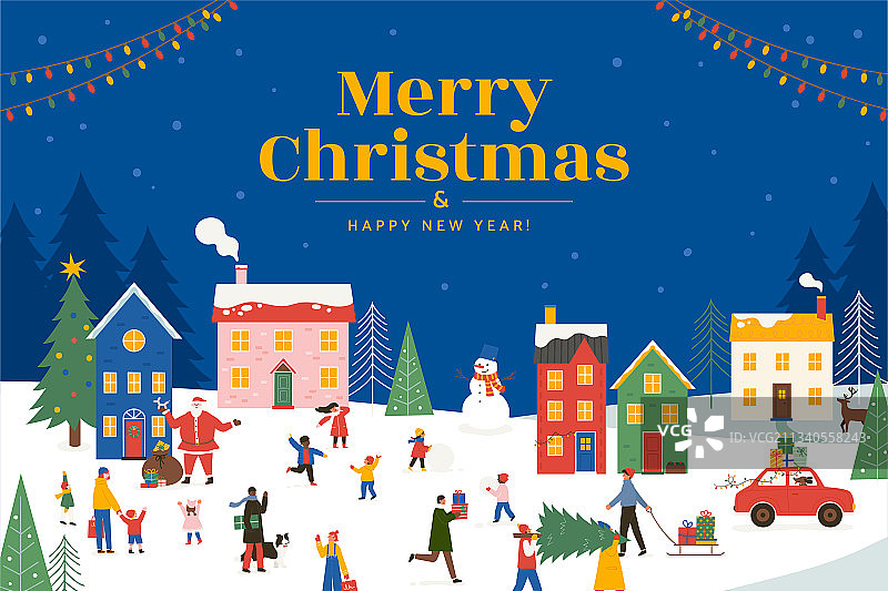 热闹送礼齐聚欢庆圣诞可爱卡通插图图片素材