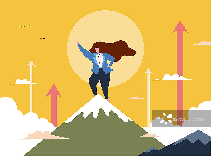 女性商务人士业绩攀升站立山峰抽象卡通插图图片素材