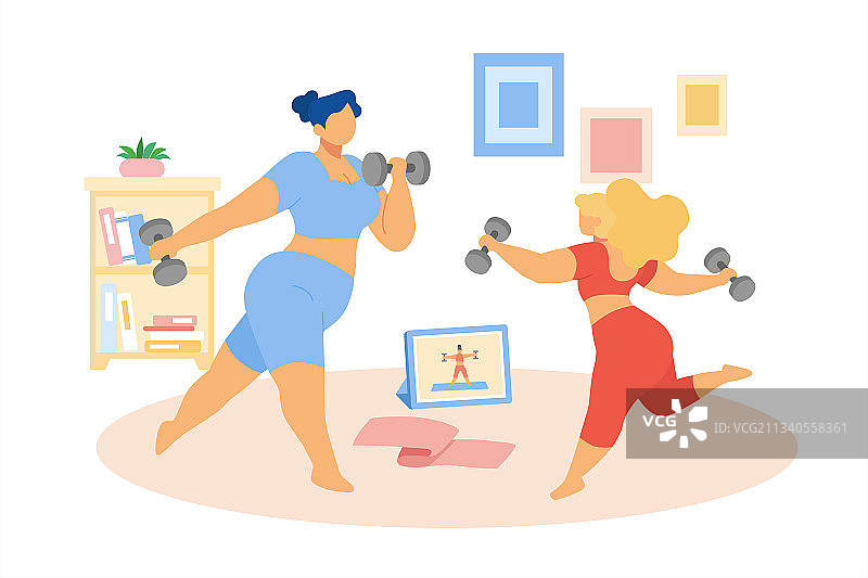 女孩们居家观看运动教学影片哑铃塑身卡通插图图片素材