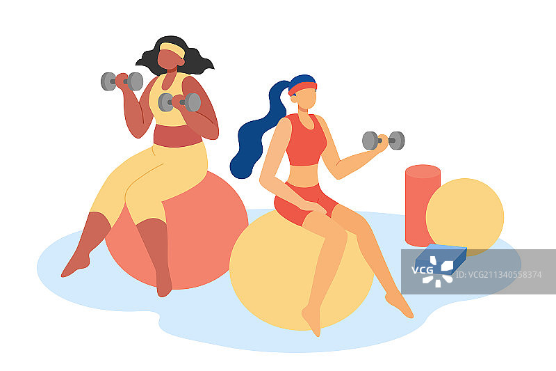 女性居家瑜珈球举重健身卡通插图图片素材