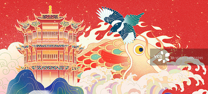 国潮风中国历史遗迹湖北武汉黄鹤楼建筑古风山水潮流插画图片素材