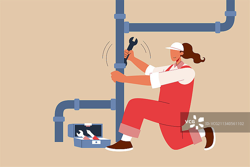 专业女性维修工人修理水管卡通插图图片素材