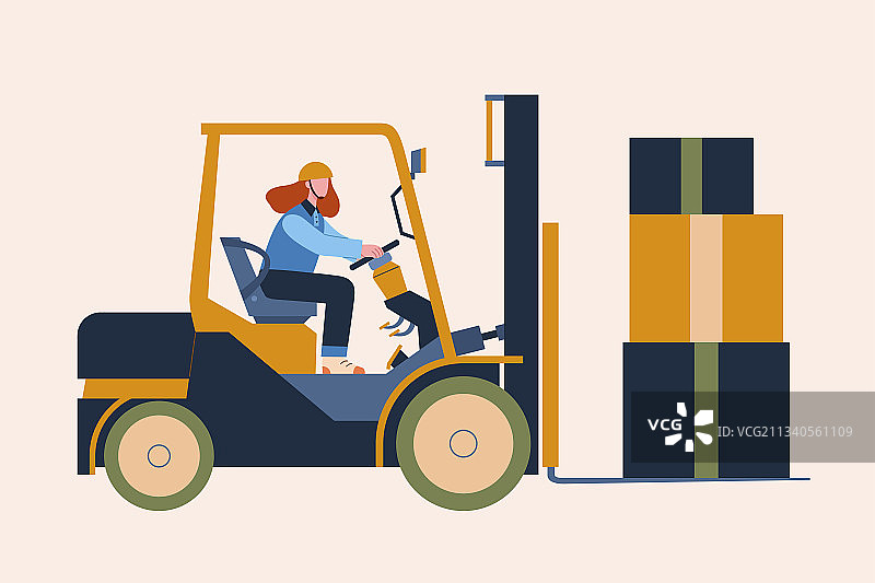 专业女性工程车驾驶操作机械卡通插图图片素材