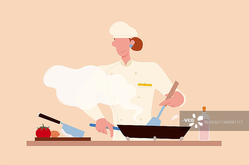 女性专业厨师自信烹调美味料理卡通插图图片素材