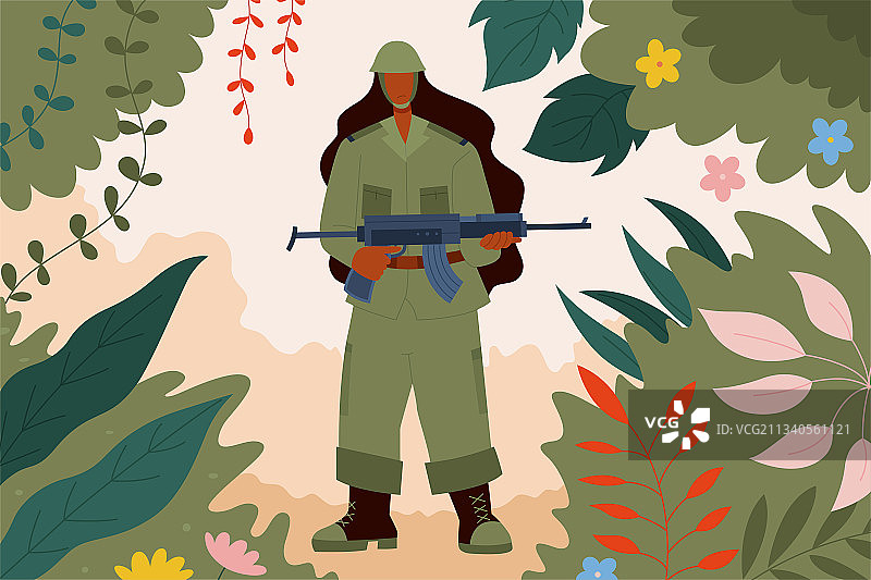 草丛背景女性士兵卡通插图图片素材