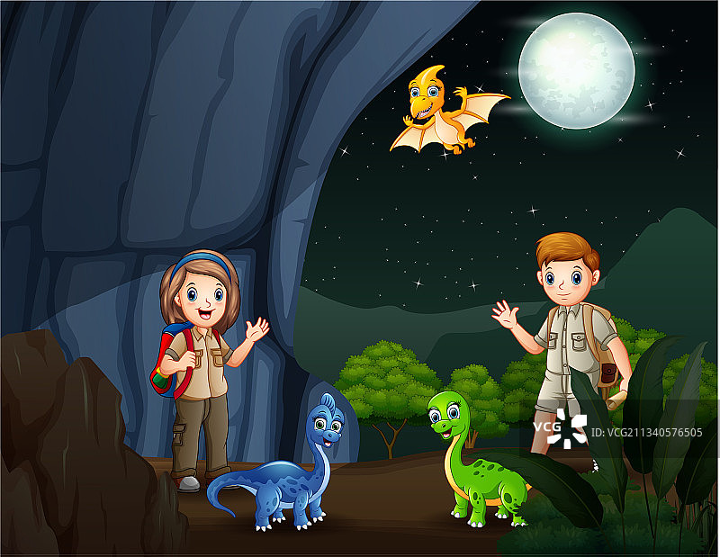 童子军与夜晚洞穴里的恐龙图片素材
