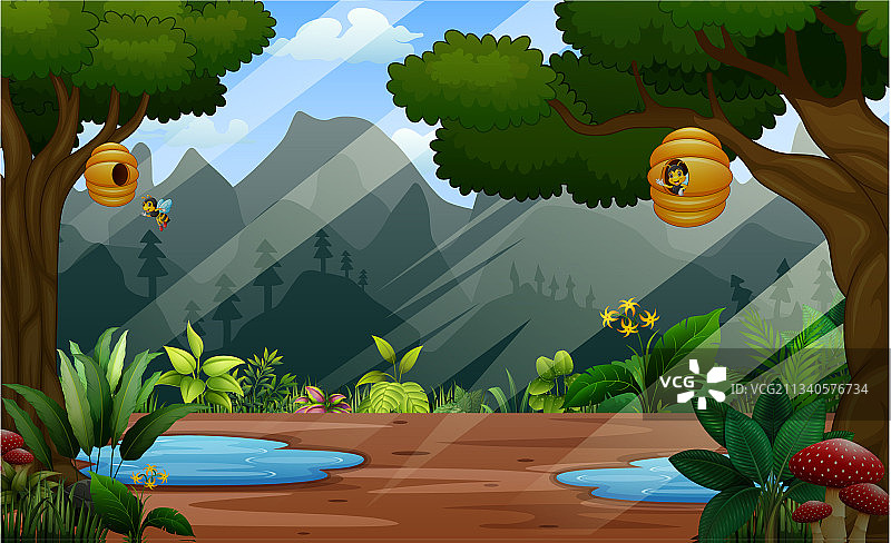 森林背景中的树上蜂箱图片素材