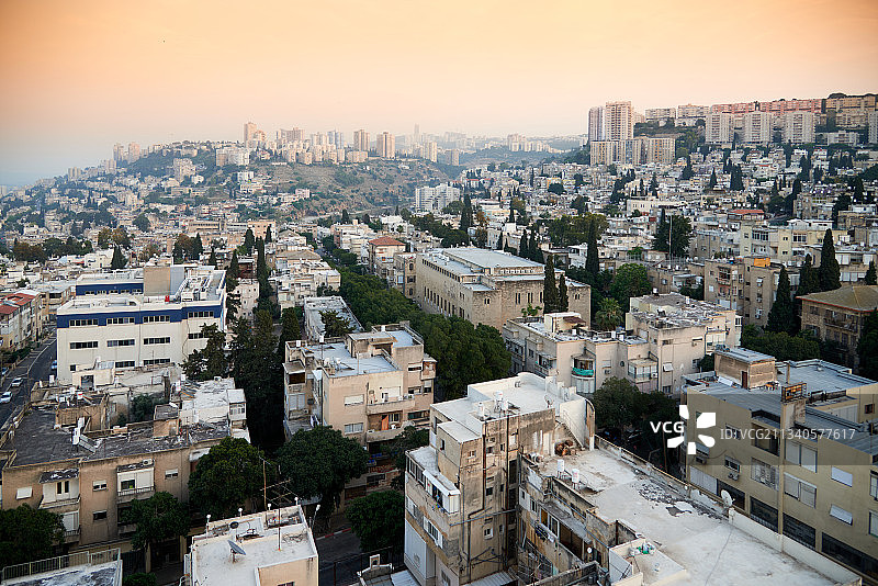 以色列海法，城市，日出，迦密山，地中海图片素材