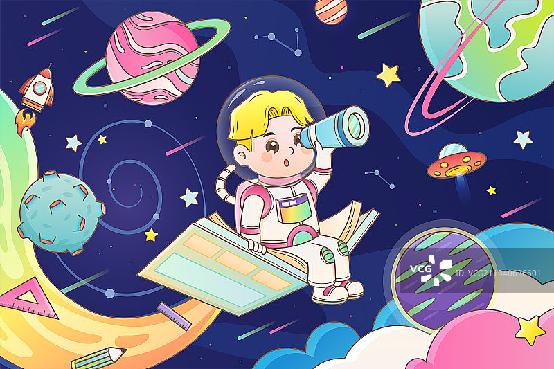 卡通创意太空旅行探索知识奥秘未来教育插画图片素材