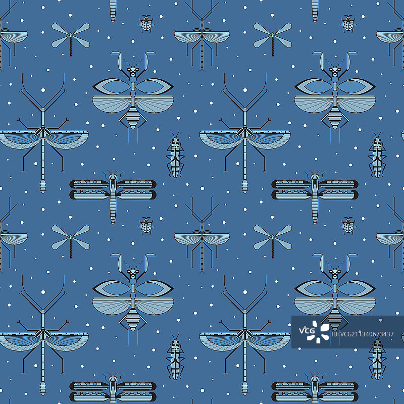 蓝色无缝图案上的翅膀昆虫剪影图片素材