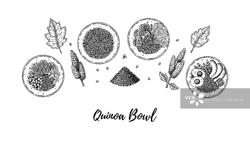 手绘藜麦碗和沙拉合集图片素材