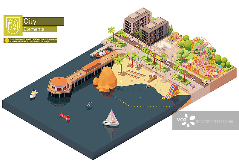 2.5D海滩码头和游乐园图片素材