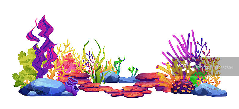珊瑚、藻类、海藻和海底石头图标图片素材