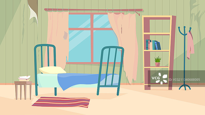 破旧脏乱的房间内部banner扁平卡通设计图片素材