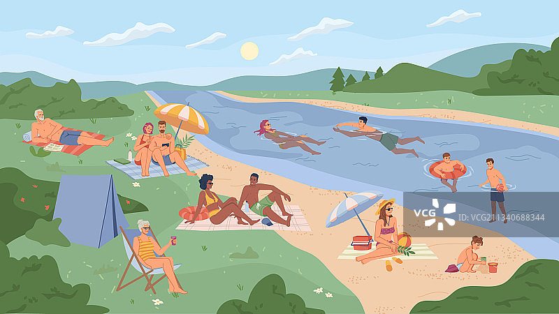 在河岸边休息的人们的夏日假期图片素材