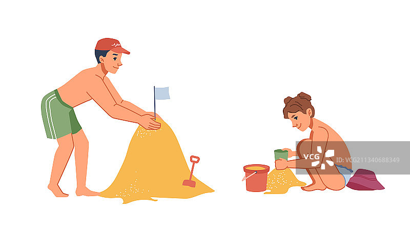 在沙滩上玩耍的快乐儿童（孤立角色）图片素材