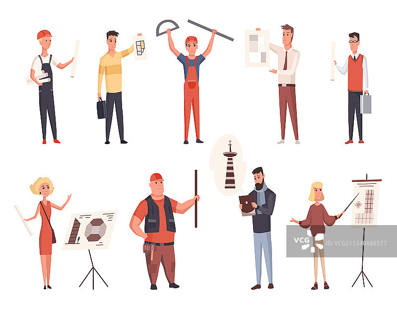 建筑工人和建筑师专业套装图片素材