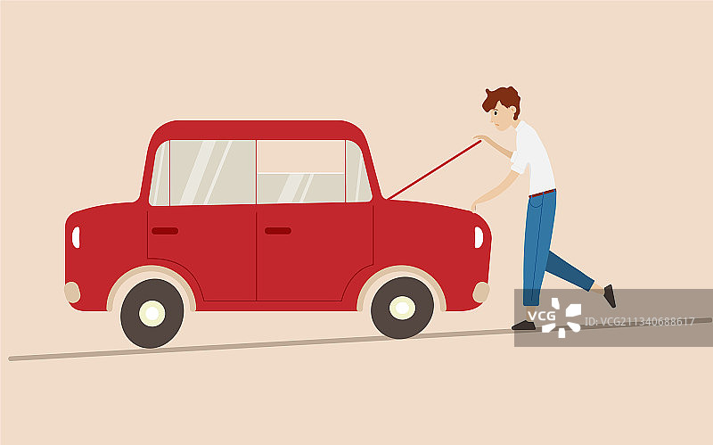 红色老旧汽车抛锚，年轻司机正在修理图片素材