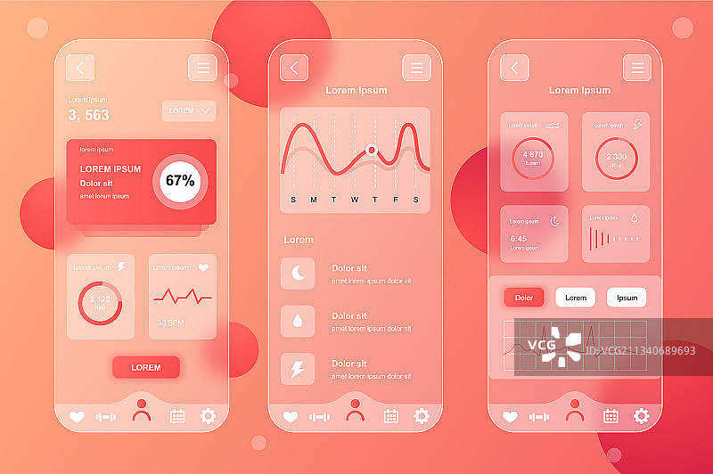 用于移动设备的健康追踪新拟态元素套件图片素材