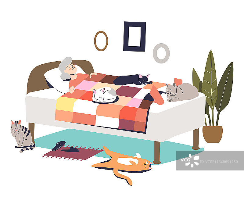 年长的女人在床上睡觉，周围有可爱的猫图片素材
