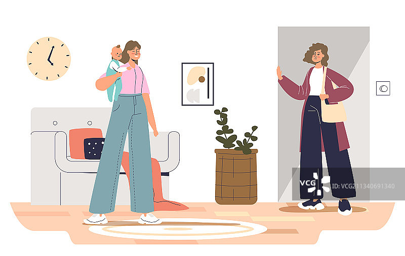 母亲把孩子留给年轻的女保姆图片素材