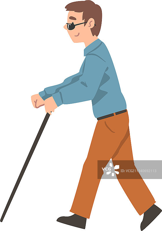 戴眼镜的盲人青年拄着手杖散步图片素材