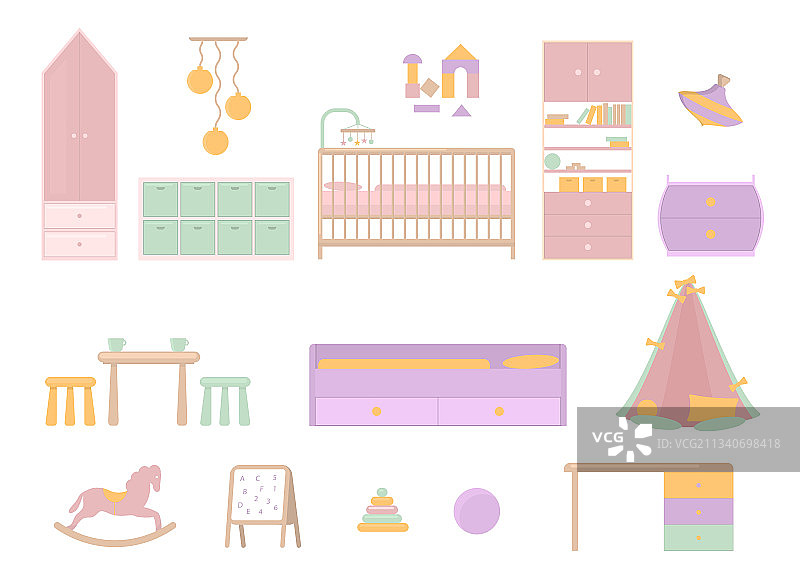 卡通彩色卧室家具图标合集图片素材