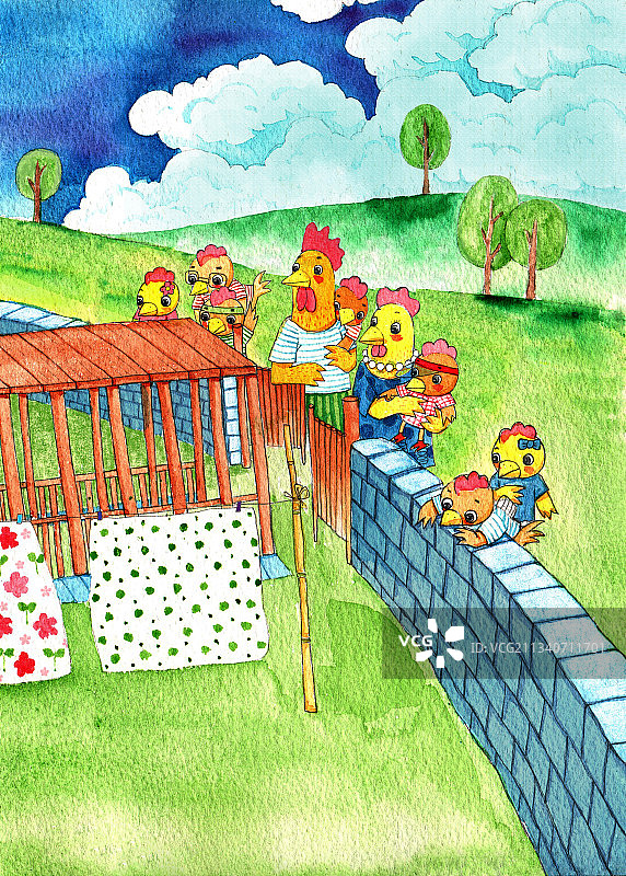 绘本插画母鸡小鸡系列-院子外的一群鸡图片素材