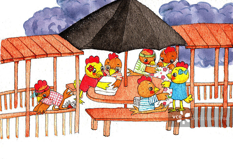 绘本插画母鸡小鸡系列-在走廊里的一群小鸡图片素材