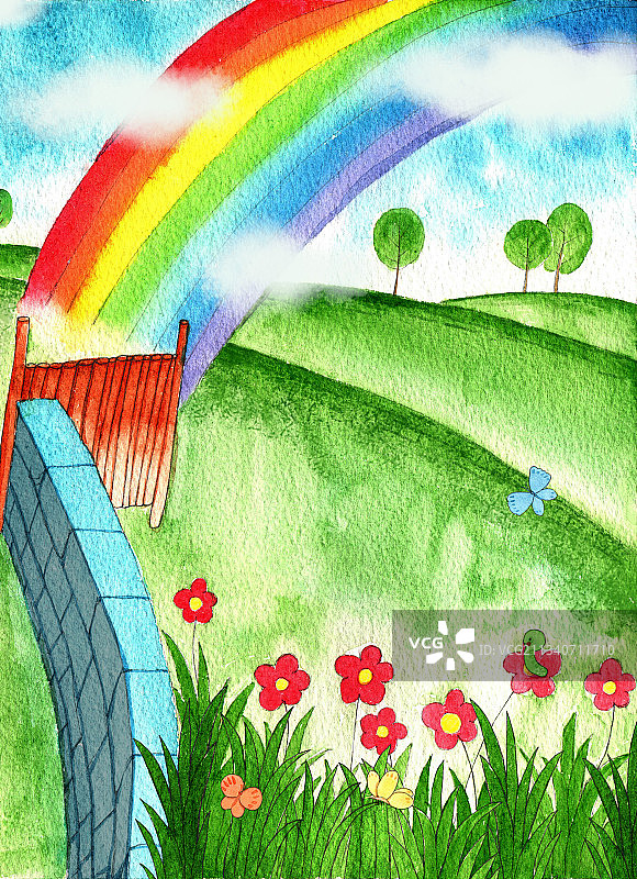 绘本插画母鸡小鸡系列-美丽的彩虹图片素材