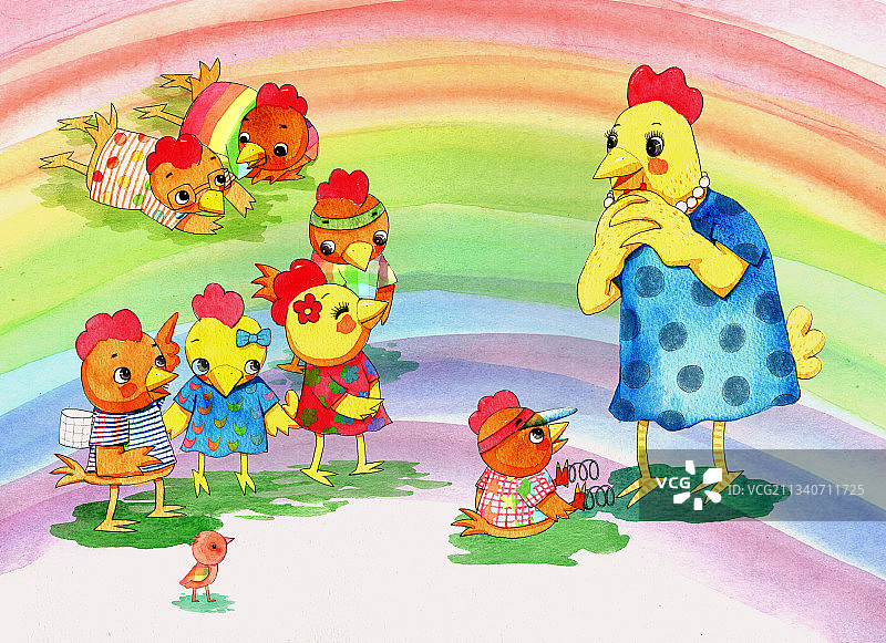 绘本插画母鸡小鸡系列-鸡妈妈给一群小鸡讲故事图片素材