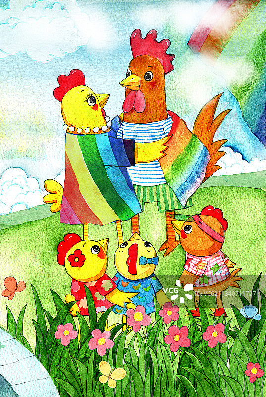 绘本插画母鸡小鸡系列-披着彩虹衣的鸡妈妈和鸡爸爸图片素材