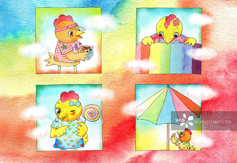 绘本插画母鸡小鸡系列-四只小鸡图片素材