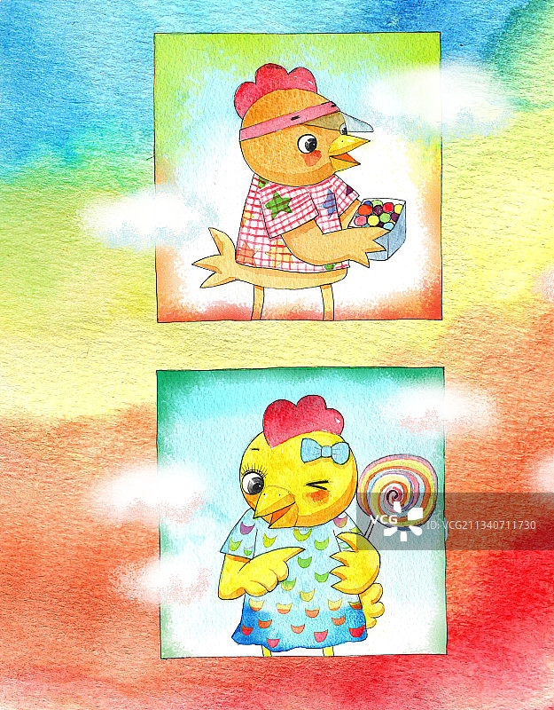 绘本插画母鸡小鸡系列-拿着糖豆和棒棒糖的小鸡图片素材