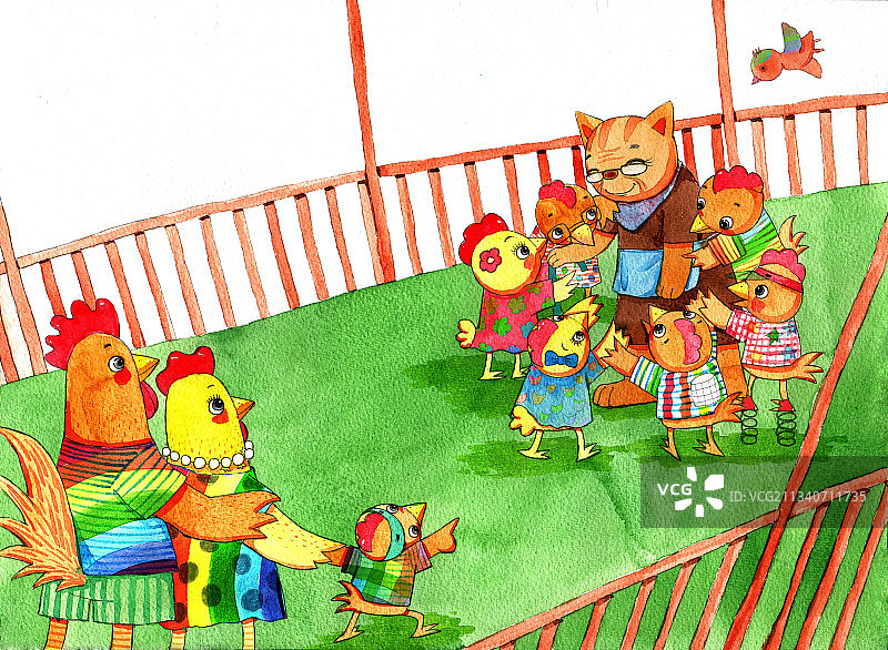 绘本插画母鸡小鸡系列-一群小鸡欢迎猫图片素材