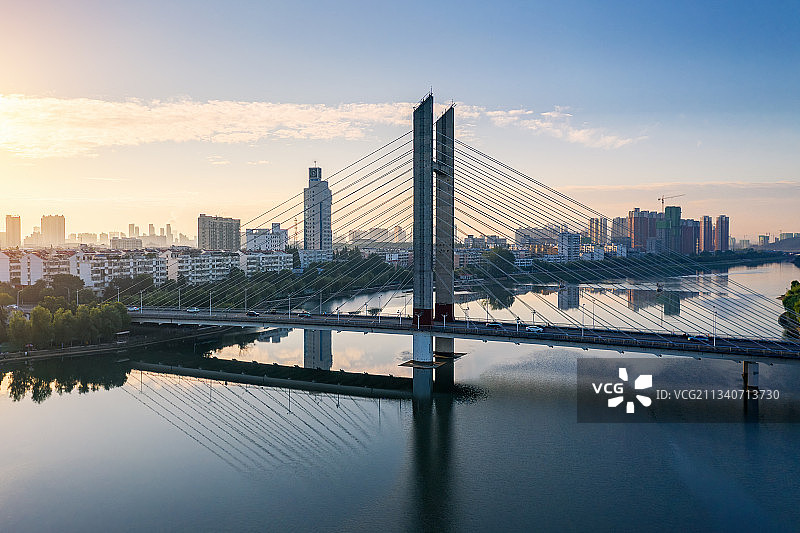 河南信阳浉河民桥日出航拍图片素材