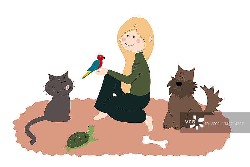 坐在地毯上和宠物在一起的女孩图片素材