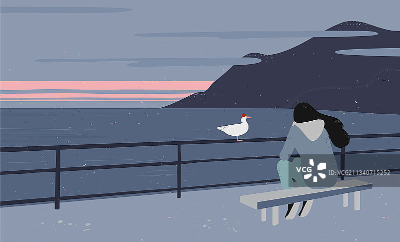 坐在码头上悲伤的少女背影图片素材