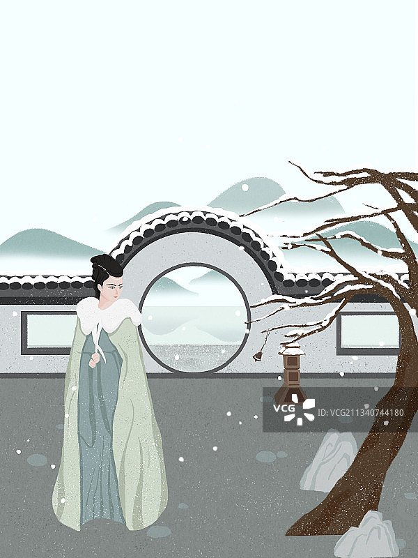 中式庭院雪景古风女子赏雪插画图片素材