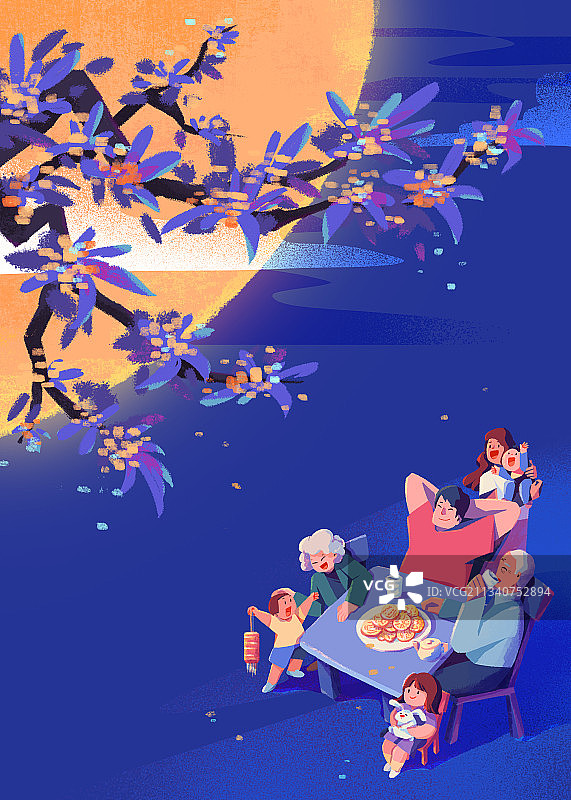 中秋团圆赏月桂花扁平插画背景图片素材