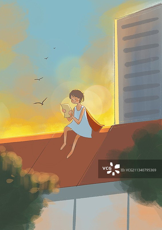 夕阳下的来信图片素材