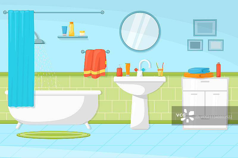 卡通浴室内部浴缸和水槽图片素材