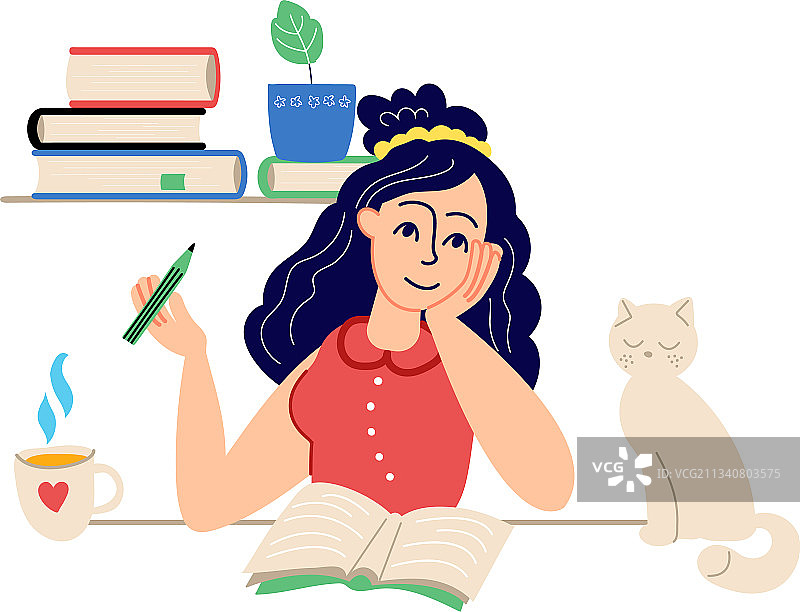 女孩在家学习写日记梦想图片素材