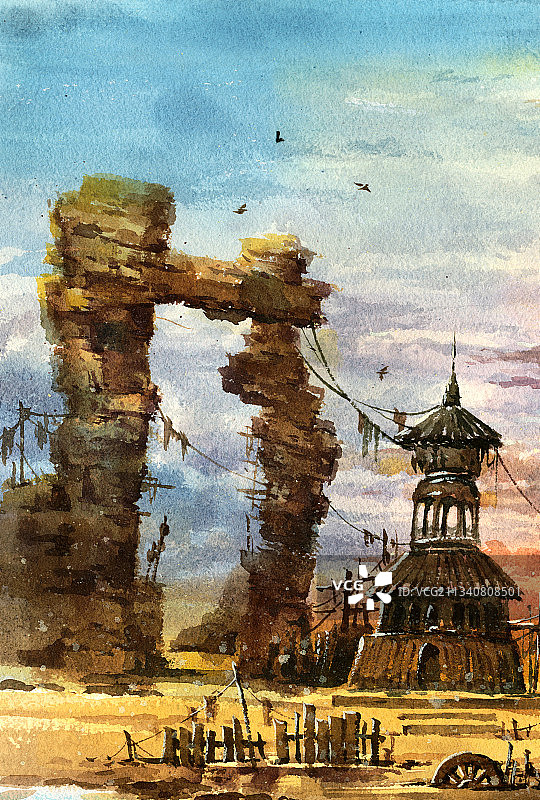 晚霞风景插画图片素材