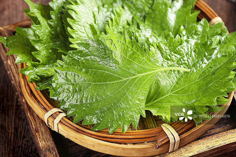 木底上放着一盘紫苏叶图片素材