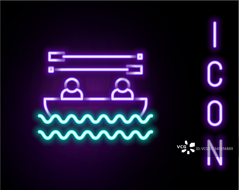 发光霓虹线条带桨和人的船图标图片素材