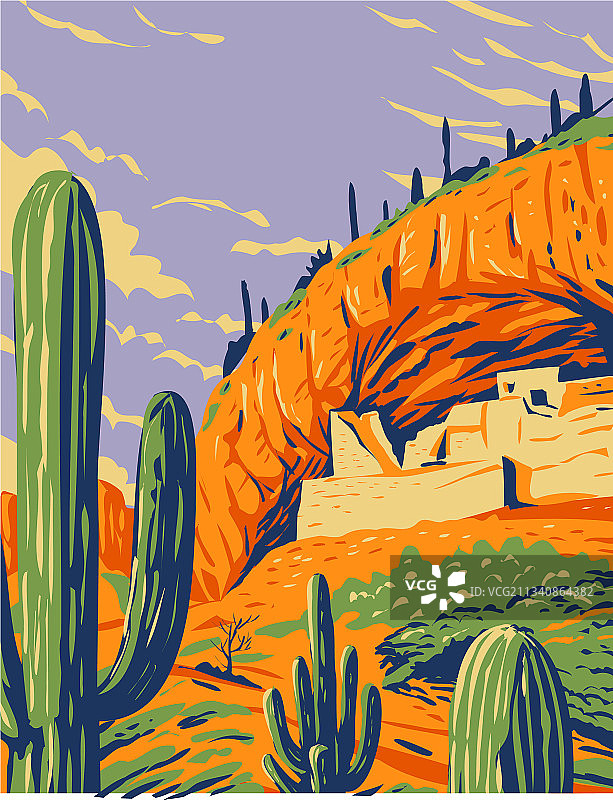 萨拉多风格的悬崖住所和巨人柱仙人掌图片素材