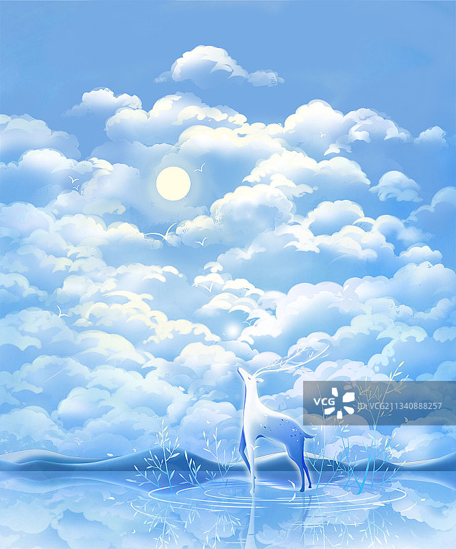 站在冰面上仰望太阳的白鹿搭配蓝天云海背景，唯美插画图片素材